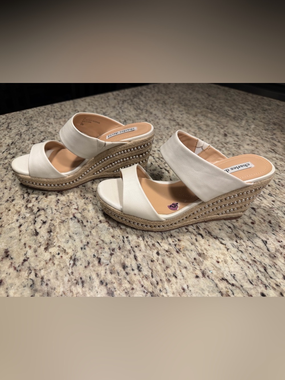 Charles David Cream Espadrille Wedge Sandals with Pearl Trim